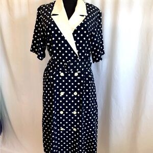 Vintage 1980s St Michael Navy White Polka Dot Dress - Size Medium US - UK 12